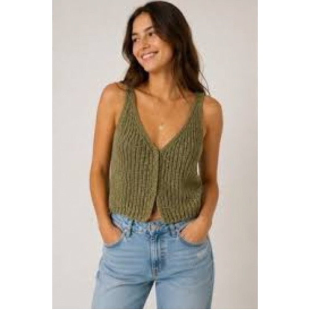 American Eagle Womens Olive Green Marled Ribbed Knit Cropped Sweater Vest Size M